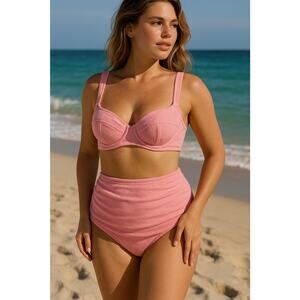 Victoria Secret Swim 2 piece Terry Pink High Waist Under Wire 34DD M
